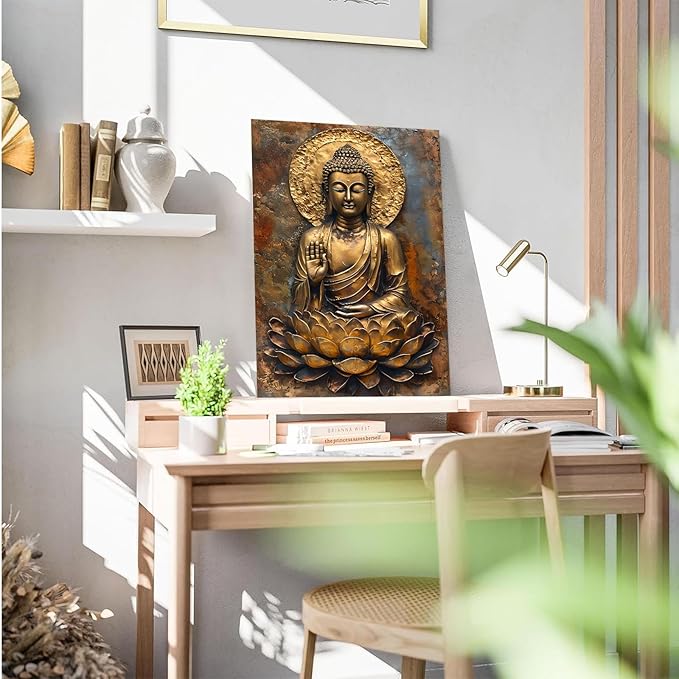 Buddha Wall Art Golden Buddha in Lotus Seat Serene spiritual statue radiant aura Meditation and mindfulness wall art suitable for sacred spaces 8x12in Frameless