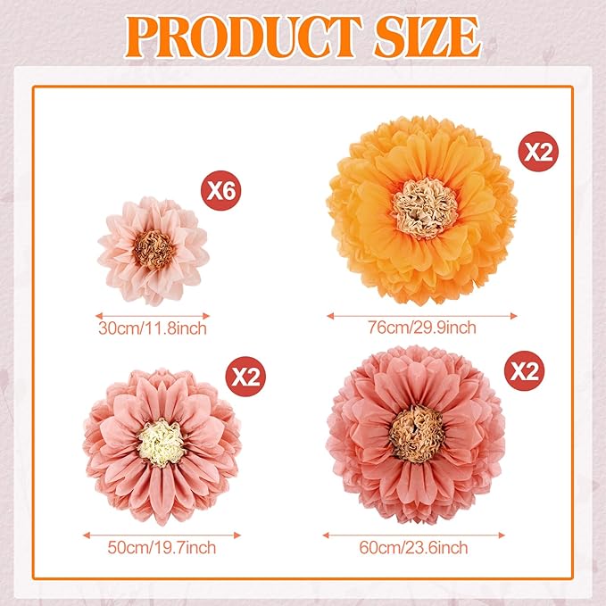 VAIPI 12 Pcs Giant Tissue Paper Flowers Decorations, 30'' 24'' 20'' 12'' Large Crepe Paper Flowers Colorful Pom Poms DIY Craft for Wedding Baby Shower Birthday Party Wall Backdrop Decor