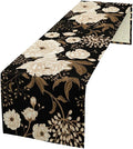 Black Gold Floral Table Runner, Retro Peony Rose Flowers Oriental Style Gothic Garden Print Table Runner for Farmhouse Kitchen Indoor Outdoor Decoration, 13x90inch