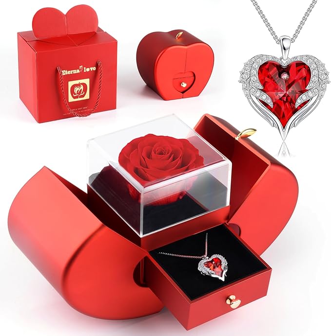 Suturun Preserved Real Rose,Eternal Flower Rose with Heart Necklace,Preserved Flowers Rose Gifts for Women,Girlfriend,Mom,Wife,Gifts Idea on Christmas,Valentine's Day,Mother's Day,Birthday,Anniversary