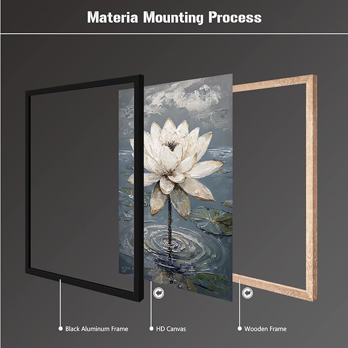 Stunning white lotus emerges from prismatic water with delicate petals background Serene aquatic wall art suitable for modern minimalist decor 24x36in Metal blackFramed