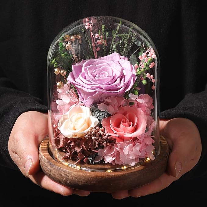 Flowers for Delivery Prime Preserved Flowers Lilac Roses with LED Light in a Glass Dome,Long Lasting Real Roses Birthday Gifts for Women Daughter Mom Wife Friend（Lilac Rose）