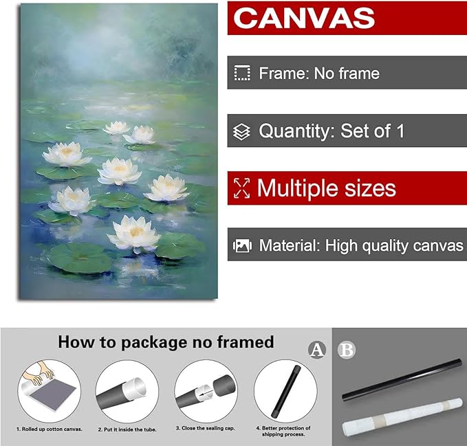 Zen wall art Delicate white lotus flower floating on calm water Vintage oil painting print Serene aquatic wall art creates a tranquil home decor 12x18in Frameless