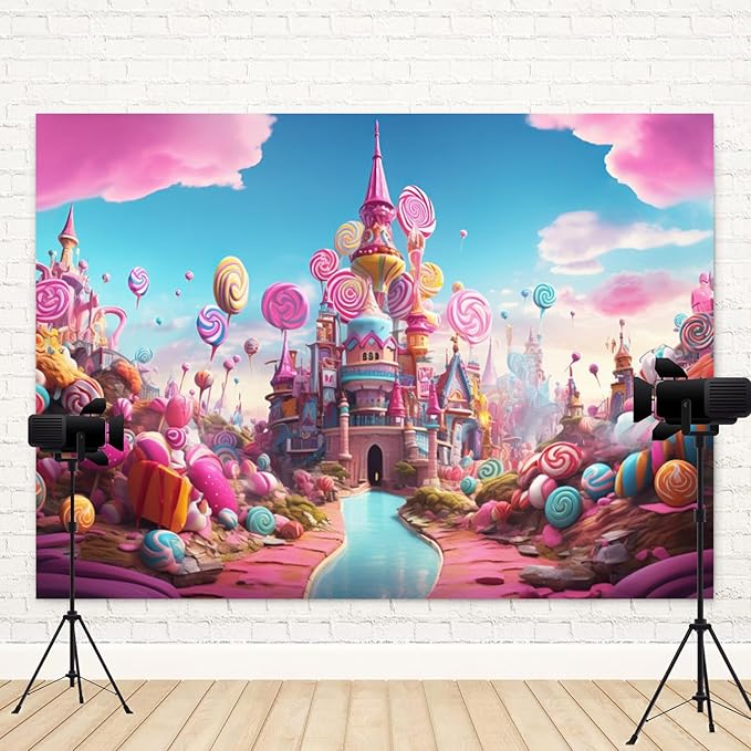 8x4ft Candyland Backdrop Sweet Candy Castle Photography Background Colorful Lollipop Blue River Cartoon Kids Birthday Banner Decorations Baby Shower Newborn Portrait Photo Booth Prop