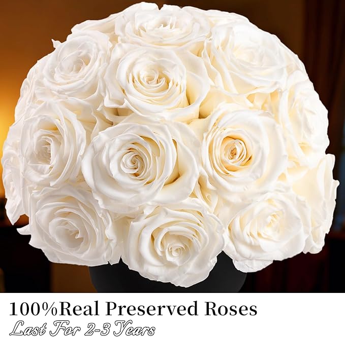 Eternal Rose Dome with Vintage Pedestal, 23 Forever Preserved Roses Arrangement for Home Decoration, Ideal Gift for Christmas,Valentine's Day, Mother's Day, Birthdays-White