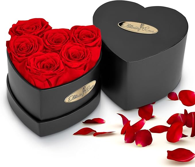 The Eternity Rose 6-Piece Preserved Roses in a Luxury Gift Box – Real Roses in Black Heart Box – A Valentine’s Gift as Everlasting as Your Love