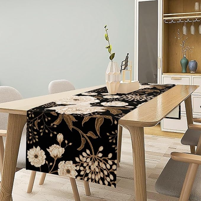 Black Gold Floral Table Runner, Retro Peony Rose Flowers Oriental Style Gothic Garden Print Table Runner for Farmhouse Kitchen Indoor Outdoor Decoration, 13x90inch