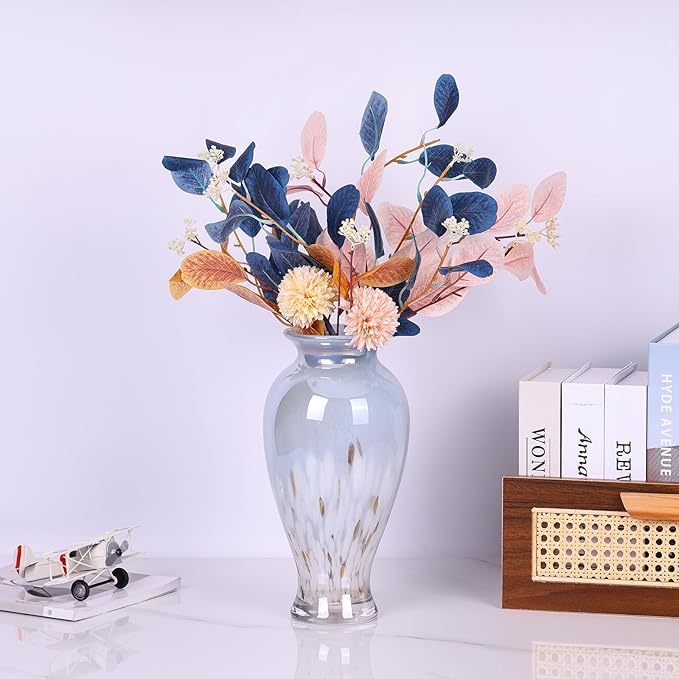 Hand Blown Glass Vase 11.8" Tall Beautiful Blue White Sea Wide Mouth Bud Vase for Table Centerpiece, Painted Colorful Murano Glass Flower Vases for - Home Entrance Wedding Center