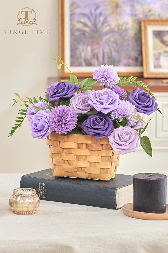 TINGE TIME Purple Flowers, Fake Flower Leaf Artificial Flower with Stems for DIY Wedding Bouquets Table Centerpieces Baby Shower Home Party Floral Arrangements Decorations