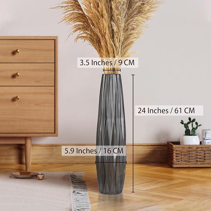 Silvery Ceramic Tall Floor Vase,24 Inch Large Modern Flower Vases for Home Décor,Wicker Big Floor Vases Decorations for Farmhouse, Living Room,Bedroom,Standing Plastic Vase Decorative Tall