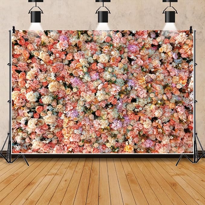 Leowefowa Floral Wall Photography Backdrop 7x5ft Colorful Rose Flower Romantic Wedding Background for Lover Spring Pink White Rose Petal Engagement Party Banner Decor Photo Supplies Prop