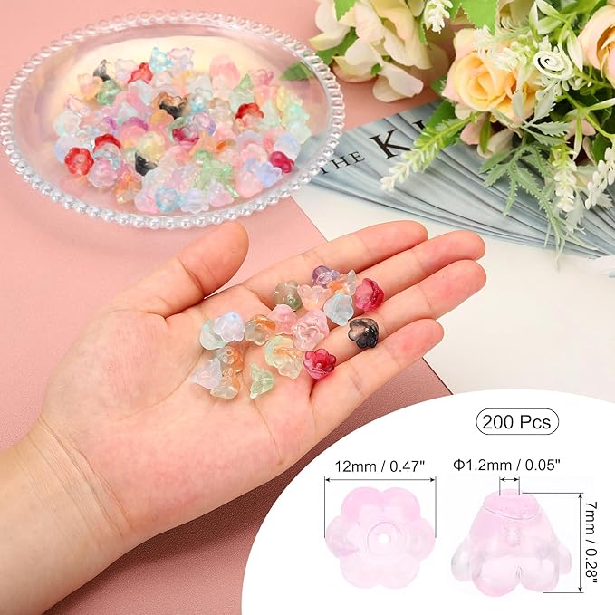 PATIKIL Glass Trumpet Flower Beads, 200 Pcs Gradient Flower Bead Charm for Jewelry Making DIY Craft, Bracelets, Earrings, Necklaces Decorations, Pink