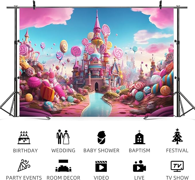 12x10ft Candyland Backdrop Sweet Candy Castle Photography Background Colorful Lollipop Blue River Cartoon Kids Birthday Banner Decorations Baby Shower Newborn Portrait Photo Booth Prop