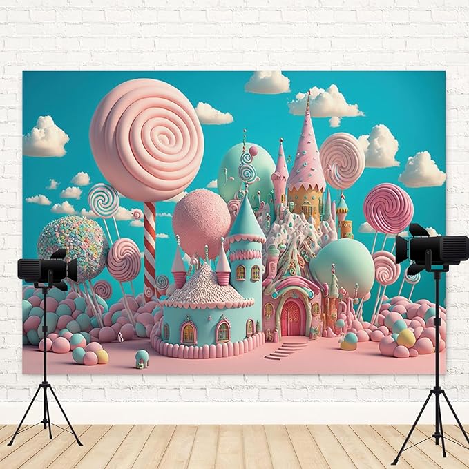 15x8ft Candyland Backdrop Sweet Candy Castle Photography Background Fantasy Lollipop Blue Sky White Cloud Cartoon Kids Birthday Banner Decorations Baby Shower Portrait Photo Booth Prop