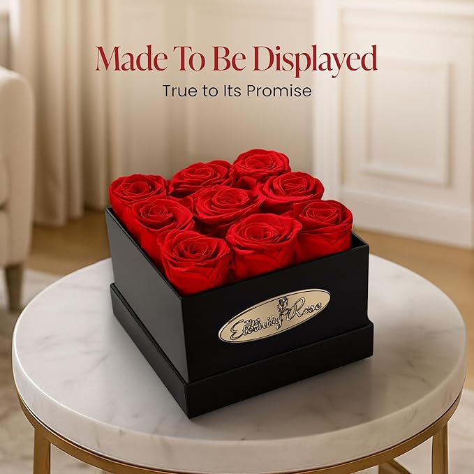The Eternity Rose 9-Piece Preserved Roses in a Luxury Gift Box – Real Roses in Square Black Box – A Valentine’s Gift as Everlasting as Your Love