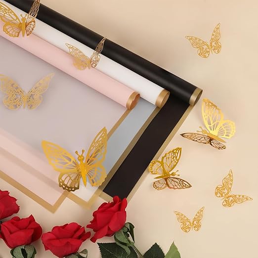 Woohome 106 PCS Flower Wrapping Paper Bouquet Wrapping Paper Sheets Waterproof Floral Wrapping Paper with Diamond Pins Ribbons Wishes Cards, DIY Floral Paper for Flower Shop