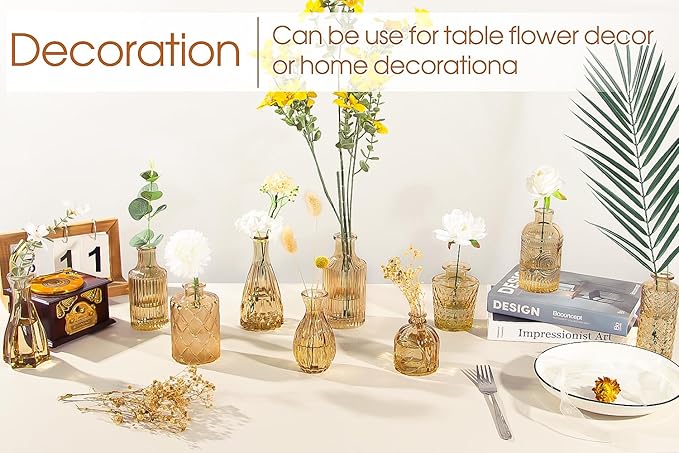 Gold Amber Glass Bud Vases Set of 12, Small Vases for Flowers, Champagne Mini Vintage Vases for Centerpieces,Bud Vase in Bulk for Wedding Decor,Single Flowers,Office and Home Table Flower Décor
