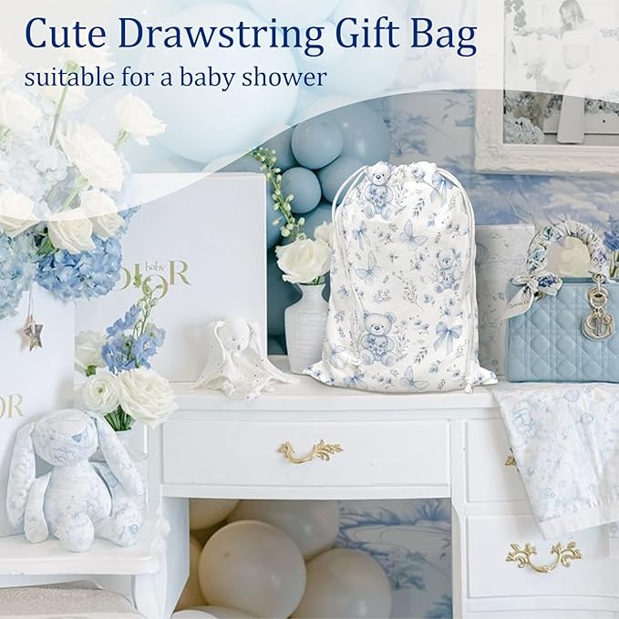 DSHFG Light Blue Chinoiserie Birthday Drawstring Gift Wrap Bags, Chinoiserie Bear Baby Shower Drawstring Gift Bags Canvas, Blue and White Small Happy Birthday Bag, 10x13 Inch