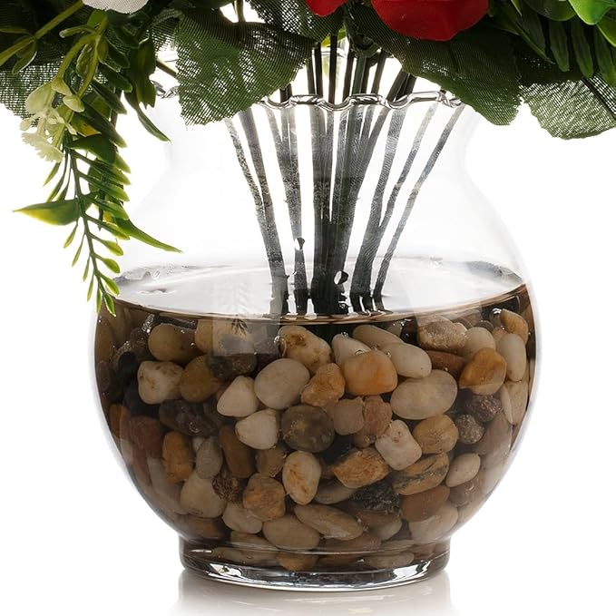 ENOVA FLORAL 18 Heads Silk Rose Artificial Flowers in Vase,Faux Rose Flowers Arrangement in Round Bowl Vase with Faux Water and River Rock for Table Decor Centerpieces (Cream Red)