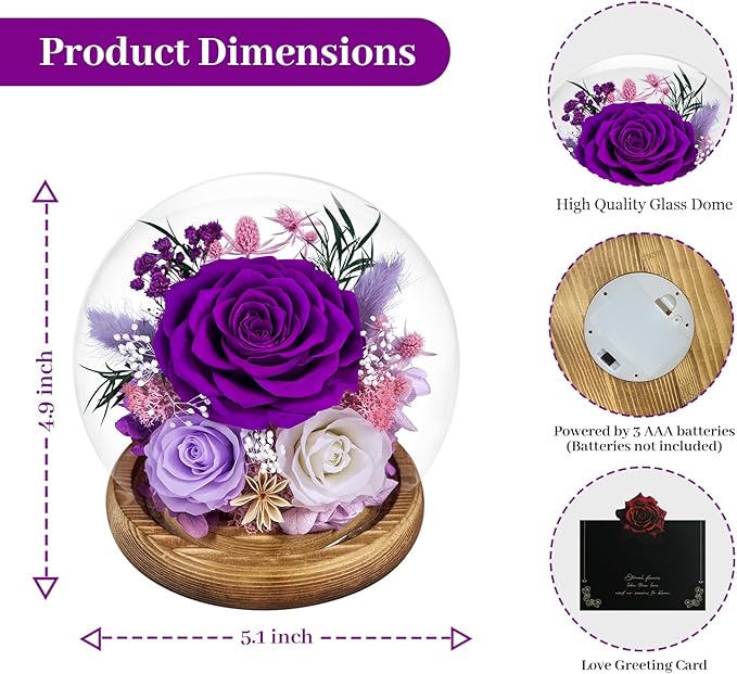 Preserved Roses Forever rose in glass dome - Birthday Gifts for Women Mom, Real Flowers for Delivery Prime | Rose Gift for Grandma Wife Sister Friend(Mix purple)
