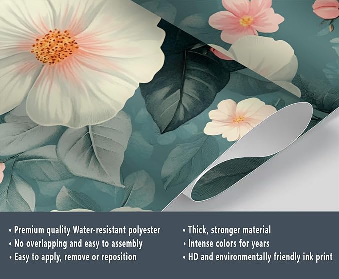 Vintage Hibiscus Flower Wall Mural, Romantic Floral 3D Wall Murals, Botanical Bloom Design Wallpaper Mural, for Living Room Bedroom Large Wallpaper Indoor Decor 197" W x124.8 H