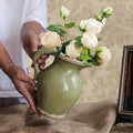 8 Inch Vintage Pitcher Vase, Rustic Green Ceramic Vases Flower Vase Farmhouse Decorative Pitchers for Home Decor, Terracotta Vases for Home Table Centerpiece Living Room Chinoiserie Decor