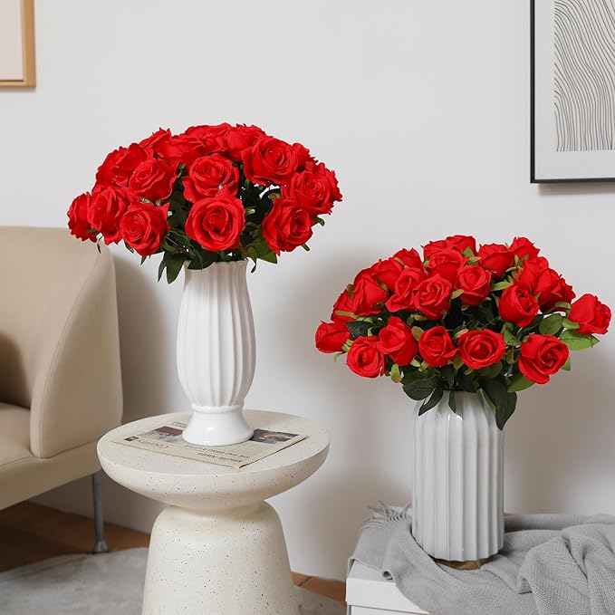 Tifuly Red Roses Artificial Flowers - 12 pcs Realistic Long Stem Fake Roses Mashup Style Silk Flowers for Valentine's Day DIY Bouquets Wedding Centerpieces Arrangements Home Party Decor