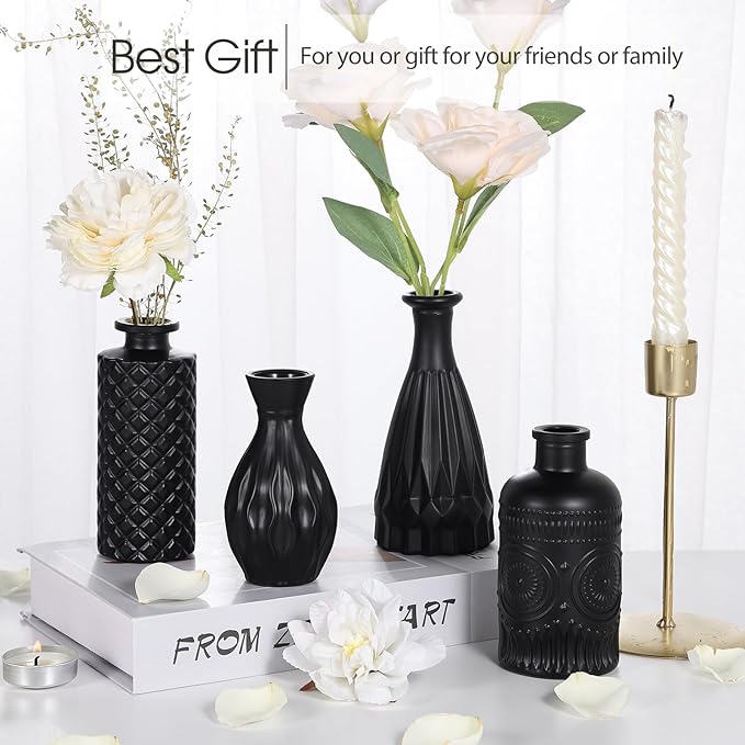 12pcs Glass Black Bud Vases Set, Small Vases for Flowers, Bud Vase for Centerpieces in Bulk, Mini Vintage Vase for Rustic Wedding Decorations, Office and Home Table Flower Décor