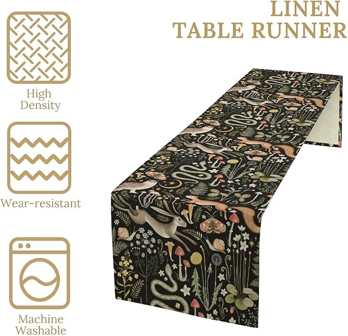 Farmhouse Forest Table Runner, Fairy Tale Woodland Wild Animals Moths Owl Snake Flowers Mushroom Kitchen Dining Table Runners for Indoor Outdoor Home Party Holiday Decor, 13x120inch