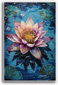 Gorgeous pink and purple water lilies on deep blue water Eye-catching oil painting Serene aquatic wall art for modern home decor 16x24in Frameless