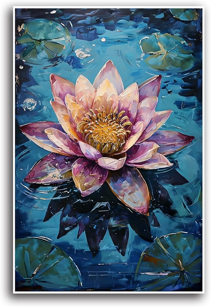 Gorgeous pink and purple water lilies on deep blue water Eye-catching oil painting Serene aquatic wall art for modern home decor 24x36in Frameless