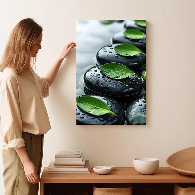 Glittering black stone cluster with fresh green leaves and water drops poster tranquil mist rain wall art zen wall art suitable for modern minimalist home decor 20x30in Wood Framed