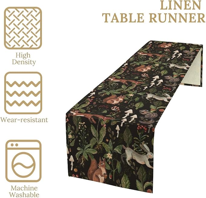 Rustic Woodland Table Runner, Rustic Forest Wild Animals Bunny Rabbit Squirrel Mushroom Plants Table Runner for Holiday Farmhouse Kitchen Dining Table Decor, 13x120inch