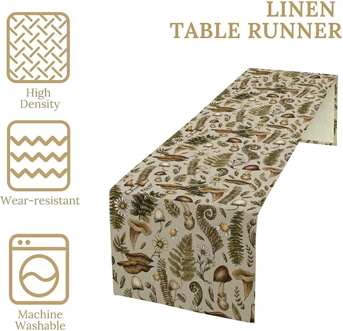 Vintage Woodland Mushroom Table Runner, Rustic Forest Green Plants Wild Mushroom Ferns Daisy Print Kitchen Dining Table Runners for Indoor Outdoor Home Party Holiday Decor, 13x120inch