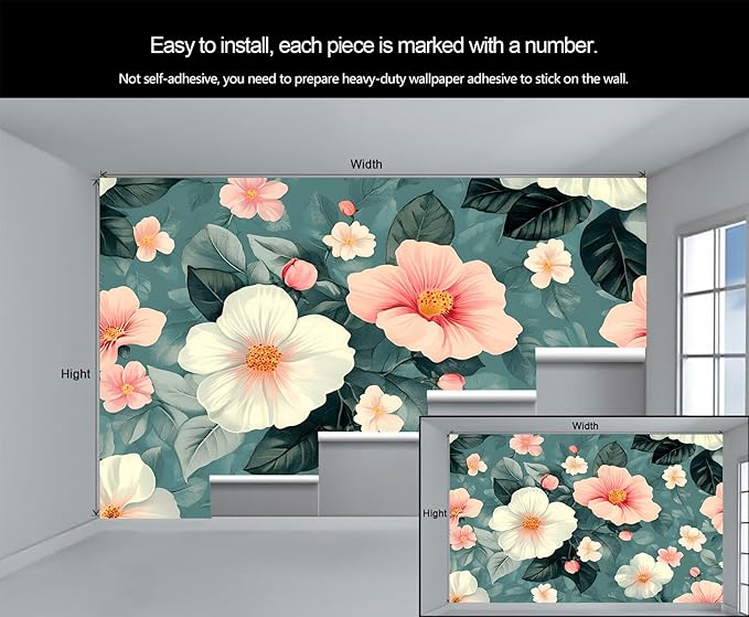 Vintage Hibiscus Flower Wall Mural, Romantic Floral 3D Wall Murals, Botanical Bloom Design Wallpaper Mural, for Living Room Bedroom Large Wallpaper Indoor Decor 197" W x124.8 H
