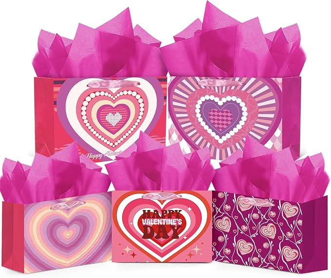 qiqee Valentine 5PCS Wide Gift Bag with Tissue Paper Assorted Size Present Wrap Bags For Lover (3 PCS Medium Size+2 PCS Large Size)