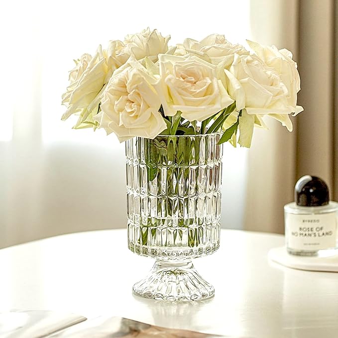 BLOFLO Embossed Glass Vase, 7'' Crystal Glass Vases, Pedestal Big Base Glass Bouquet Vase, Hydroponic Glass Transparent Vase for Home Office Wedding Dining Table Party (Ribbed Pattern)