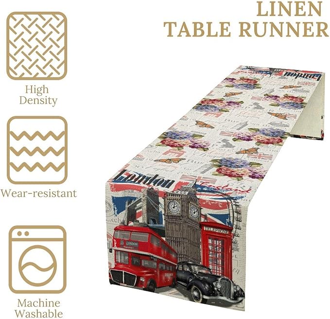British Table Runner, Seasonal Vintage Floral England London Culture Element Coffee Table Center Decor for Home Kitchen Dining Patio Holiday Party Table Decorations 13x36 inches