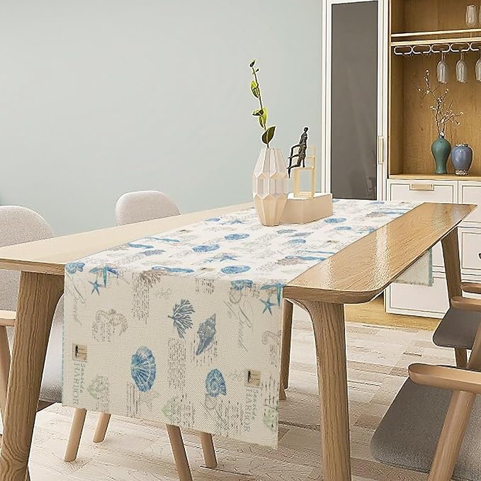 Starfish Table Runner,Vintage Nautical Seashell Tropical Beach Theme Coastal Ocean Sea Burlap for Hotel Indoors Outdoor Dining Room Kitchen Tablecloth, 13x90in