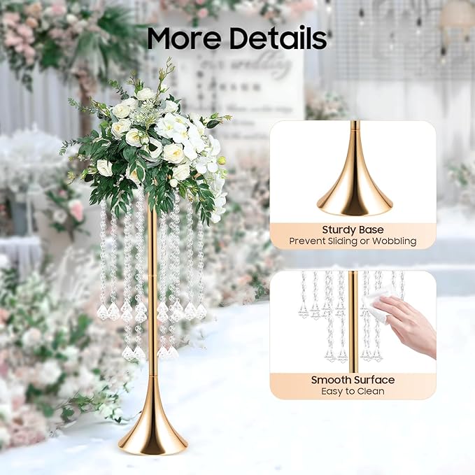 10 Pieces Centerpiece Gold Crystal Vase, 21.9 Inch Acrylic Crysta Wedding Flower Stand, for Wedding Reception, Party, Banquet, Hotel Decorations