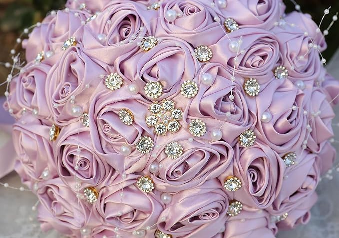 Bridal Wedding Bouquet Round Bling Brooch Bouquet Throw Toss Artificial Rose Flower Bunch for Bride Bridesmaid Wedding Quinceanera(Light Taro Purple, 7.5")