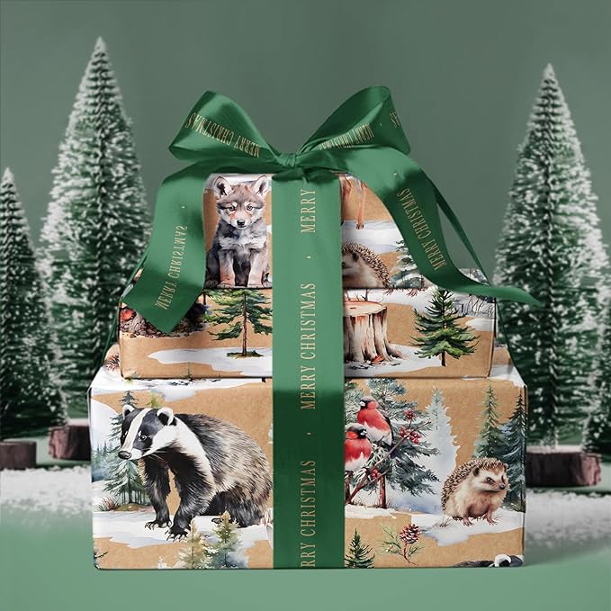 WRAPAHOLIC 30 Inch Kraft Christmas Wrapping Paper - 30 Inch x 33 Feet - Wild Animals Winterfall Watercolor Design for Christmas, Holiday, Party Celebration