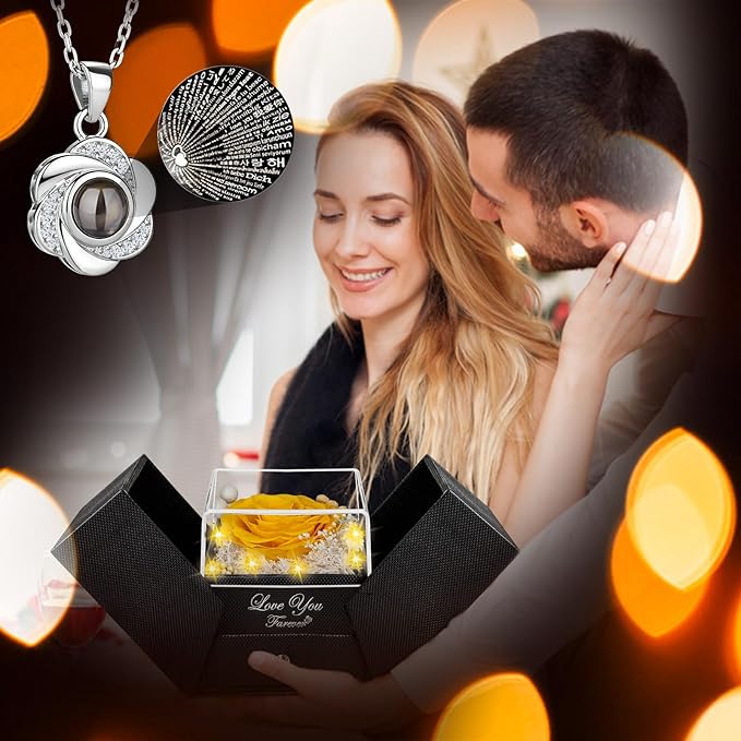 Preserved Yellow Real Rose-Eternal Flowers Rose Gifts for Mom Grandma Wife Girlfriend on Mothers Day Birthday Valentines Christmas Anniversary Romantic Gifts for Her with I Love You Necklace
