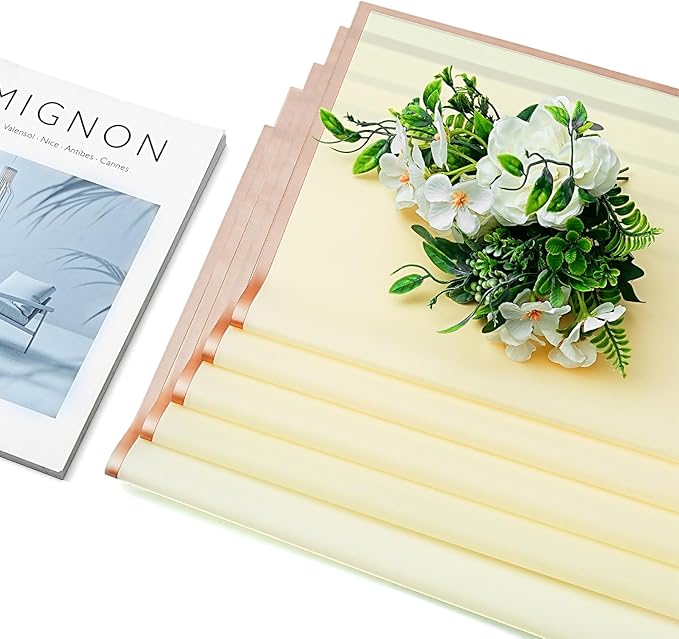 30 Sheets Pale Yellow Gold Edge Flower Bouquet Wrapping Paper，Florist Supplies Waterproof Floral Bouquet Wrapping Paper Bouquet Accessorie，Flower Shop Packaging Pape for DIY Gift Wedding Birthday