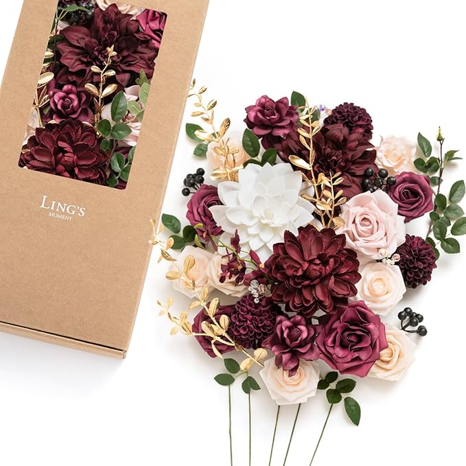 Ling's moment Fake Flowers Box, Faux Artificial Greenery Stems Foam Roses Gardenias Berries Silk Dahlia Fabic Flower for Centerpieces Bouquet Wedding Floral Vase, Marsala & Soft Peach, Deluxe Combo