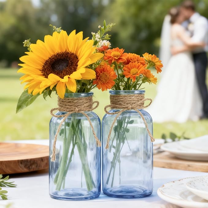 Vintage Glass Flower Vase，6 Pack Blue Farmhouse Glass Centerpiece Vases Mason Jars for Weddings, Parties & Home Decor Bulk (6, Blue)
