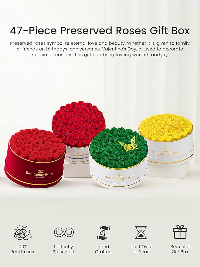 Preserved Roses Forever Flowers Real Roses in a Box Mother's Day Birthday Flowers for Her Mom Women Wife Valentine's Day, Yellow, 47 Piece