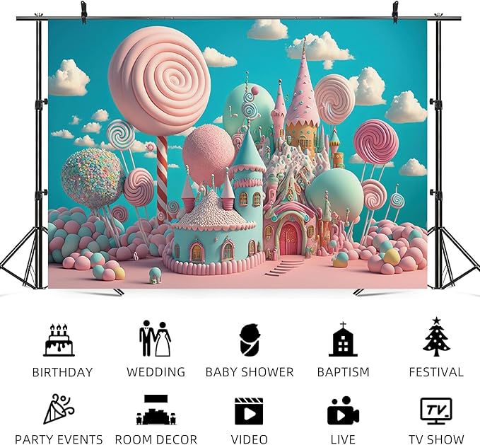 20x10ft Candyland Backdrop Sweet Candy Castle Photography Background Fantasy Lollipop Blue Sky White Cloud Cartoon Kids Birthday Banner Decorations Baby Shower Portrait Photo Booth Prop