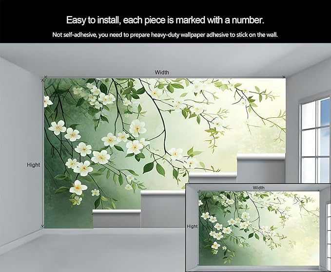 Spring Blossom Floral Wall Mural, Minimalist White Floral 3D Wall Murals, Elegant Botanical Wallpaper Mural, for Living Room Bedroom Large Wallpaper Indoor Decor 59" W x39.4 H