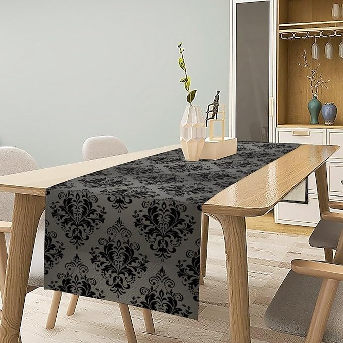 Black Damask Table Runner,Gothic Antique Victorian Floral Boho Table Runner for Home Kitchen Table Dining Garden Farmhouse Wedding Party Decor 13x90 Inch